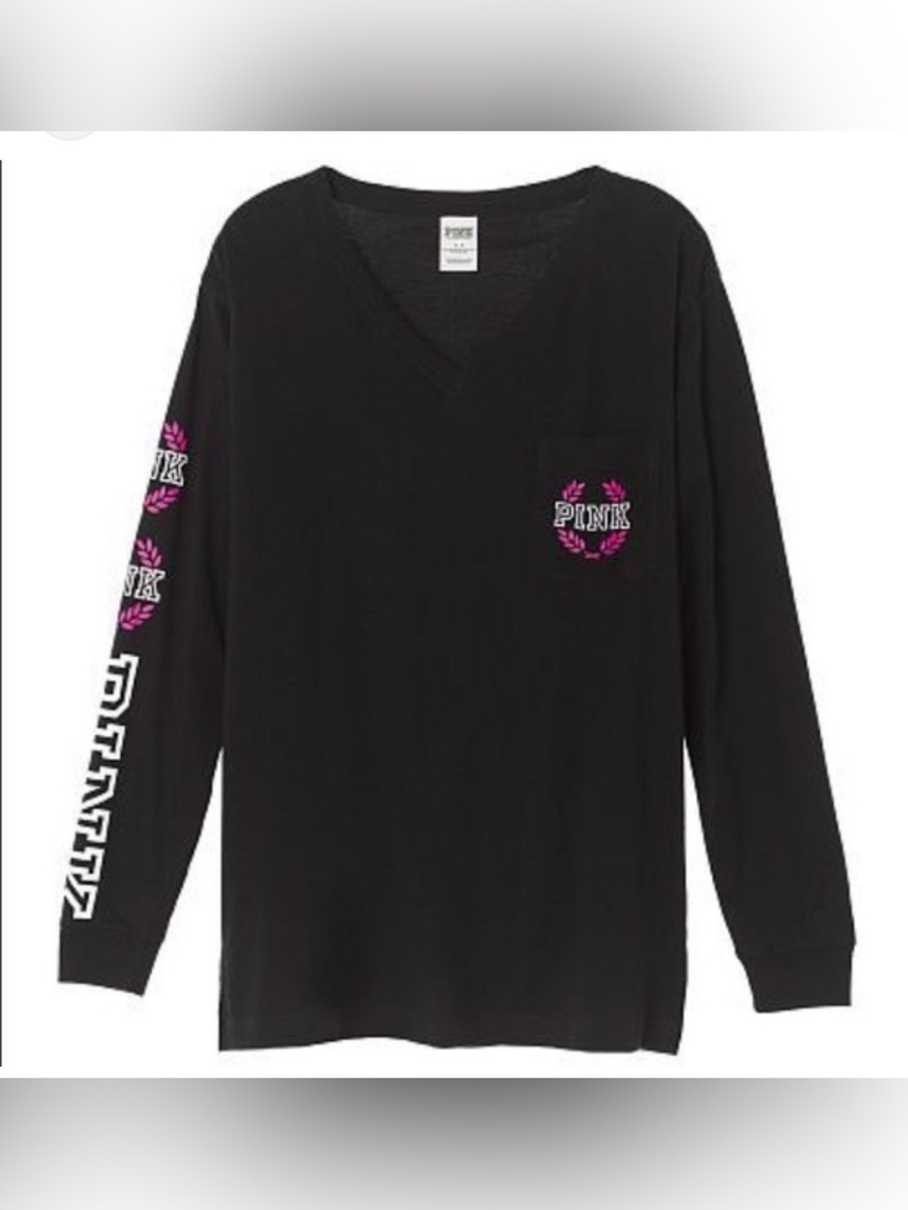 PINK Victoria’s Secret -Black V-Neck Pocket Long Sleeve Tee Pink Logo - Sz Small